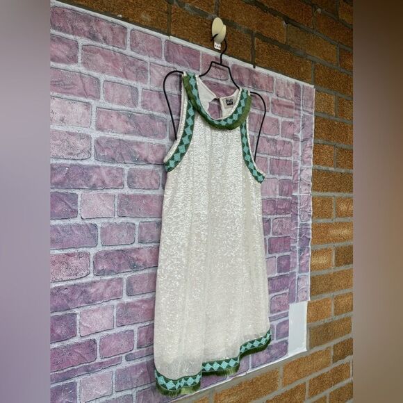 PHO FIRENZE WHITE SEQUIN MINI DRESS WITH DECORATED PROFILES XS - Picture 7 of 17